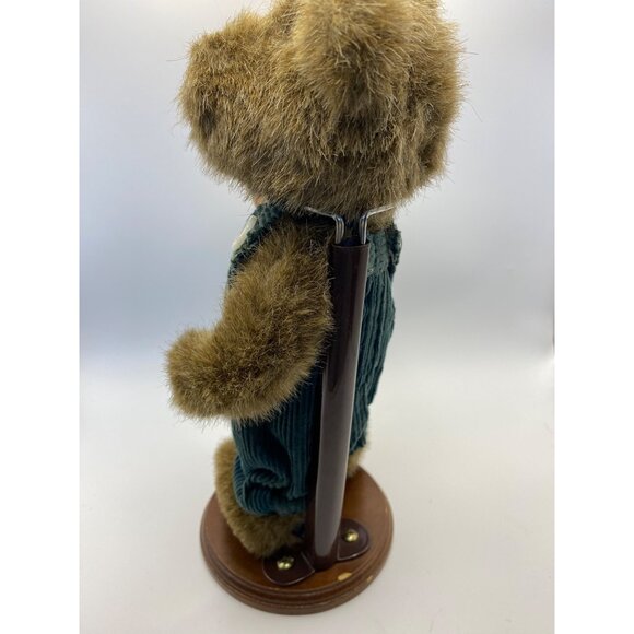 Vintage Boyd’s Teddy Bear In Green Corduroy Overalls On Wooden Stand 10” - Picture 6 of 12
